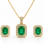 Conjunto tipo Hallo, Topos + cadena y dije, oro 18k y esmeralda natural de muzo